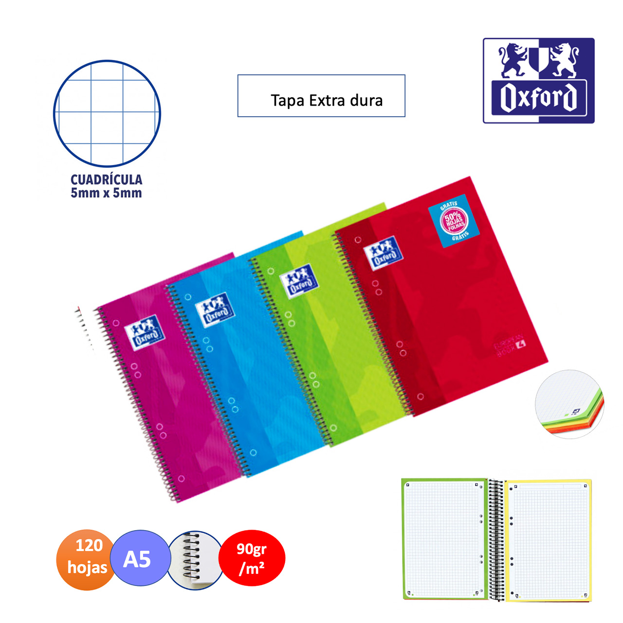 Cuaderno Classic Europeanbook 4 tapa extradura cuadricula 120 hojas A5 Oxford colores surtidos